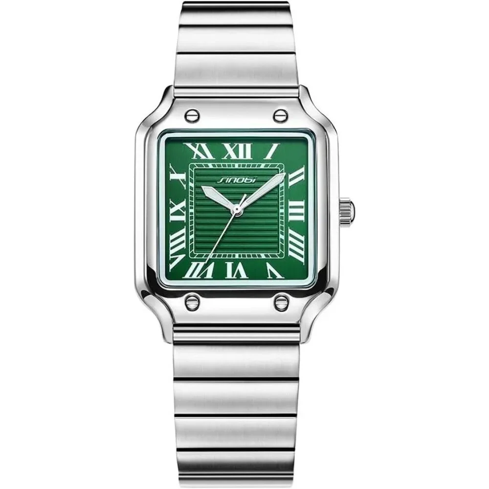 Men's Silver-Green Classic Square Stylish Comfortable Roman Numerals Wrist Watch